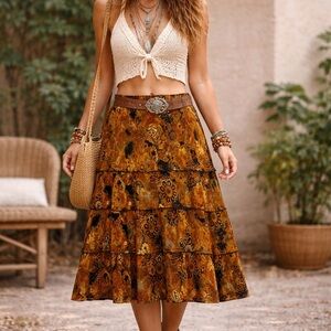 Y2K Boho Tiered Midi Skirt Earthy Tones Festival Cottagecore Size Large